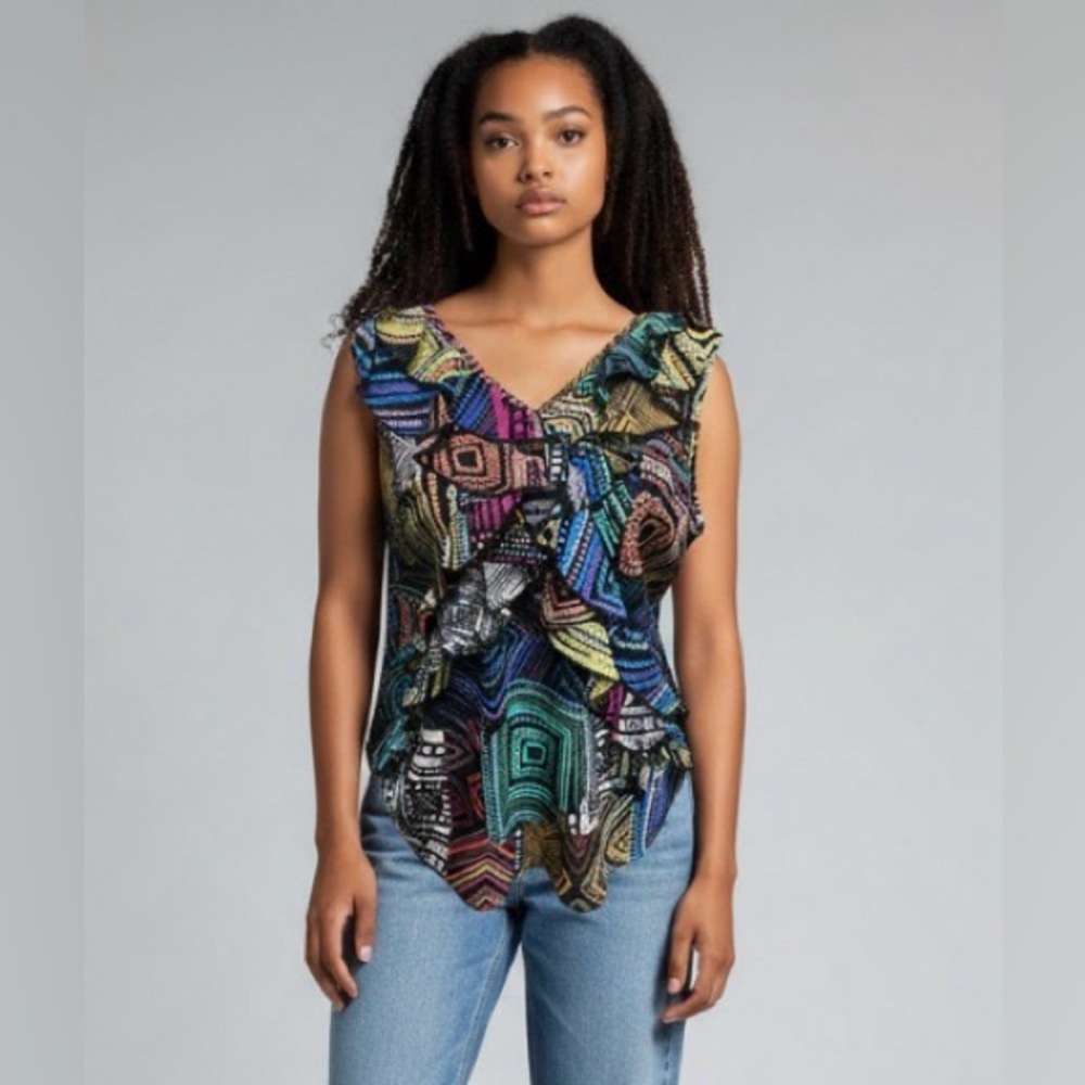 Spence Women’s Sleeveless Ruffle Blouse Size M Africandia Print Multi Flowy